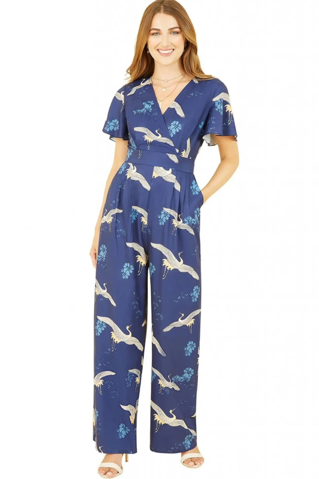 Women Yumi Crane Print Angel Sleeve Jumpsuit