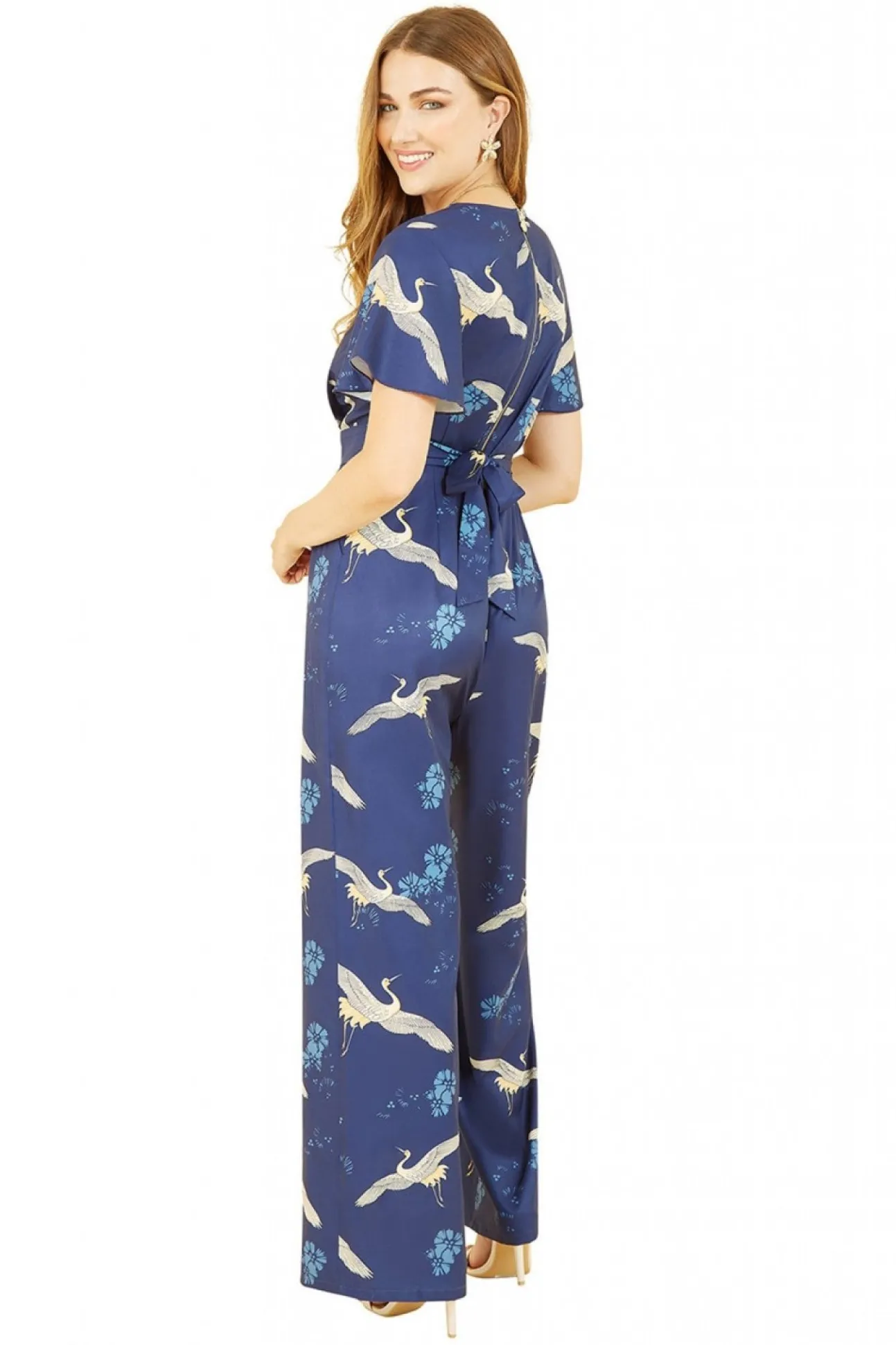 Women Yumi Crane Print Angel Sleeve Jumpsuit