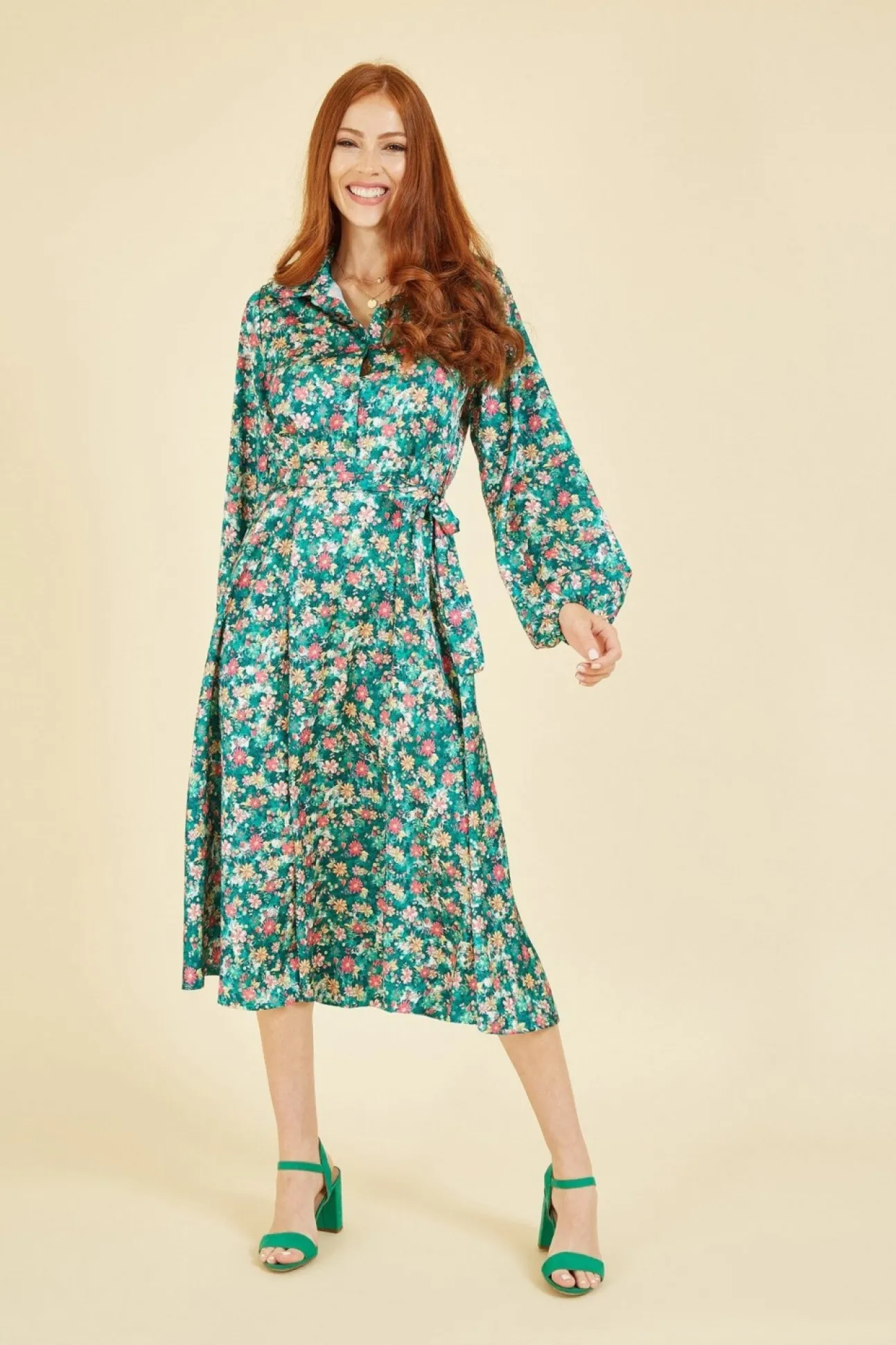 Women Yumi Ditsy Print Long Sleeve Midi Shirt Dress