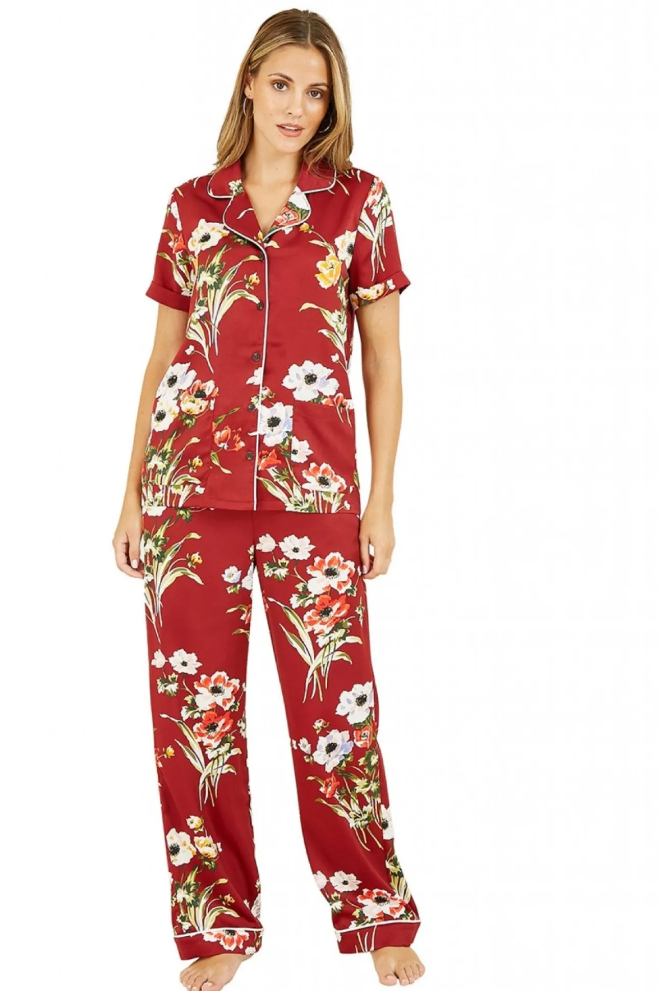 Women Yumi Floral Satin Pyjamas With Contrast Trim