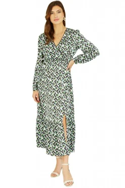 Women Yumi Geo Print Wrap Satin Midi Dress