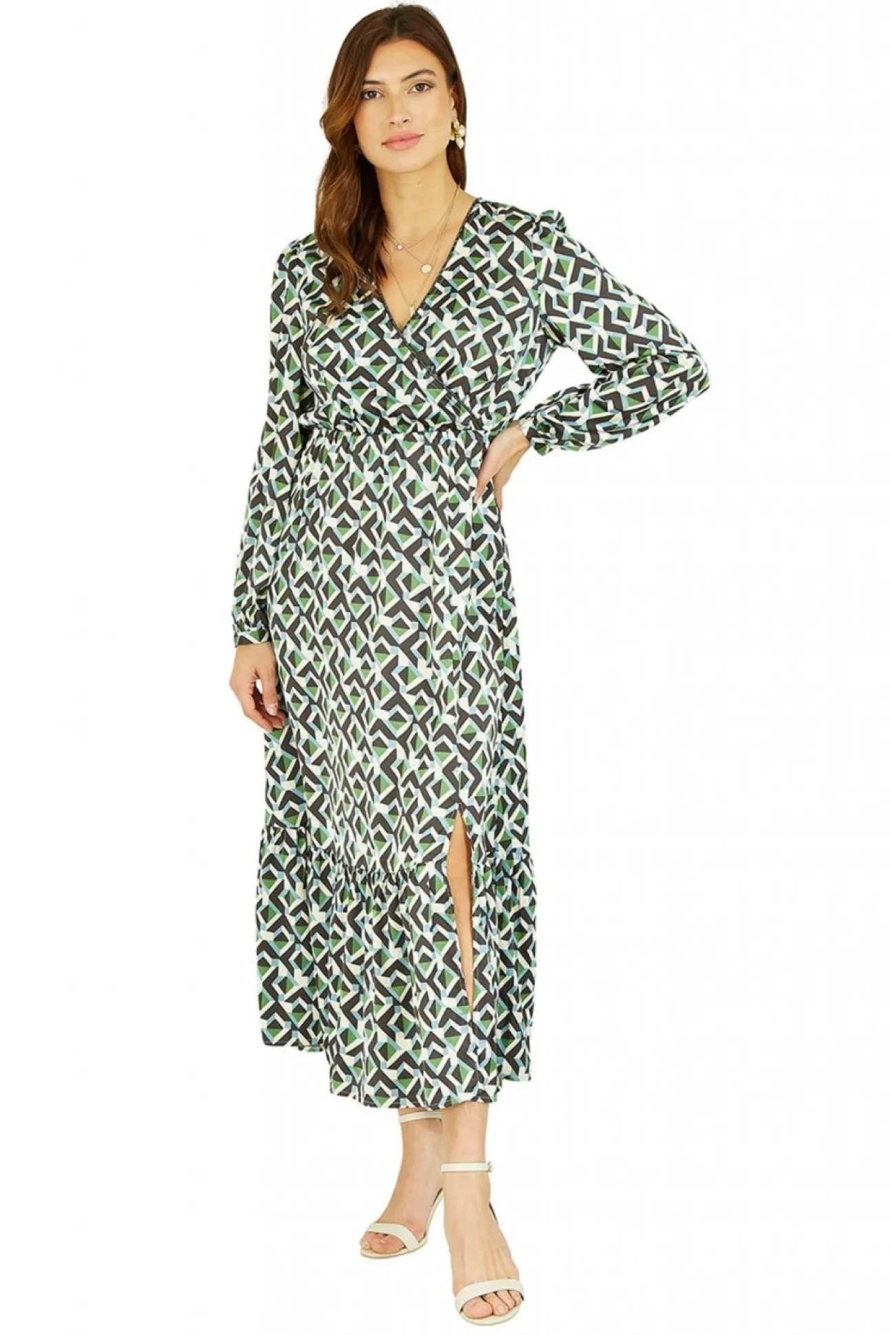 Women Yumi Geo Print Wrap Satin Midi Dress