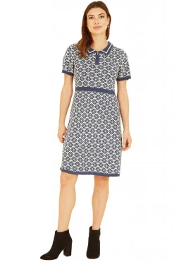 Women Yumi Intarsia Daisy Knitted Dress With Zip Collar