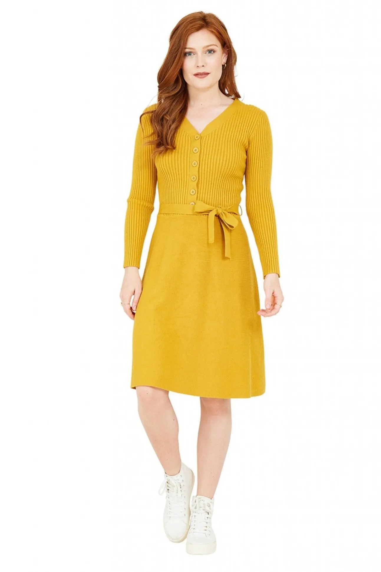 Women Yumi Mustard Knitted Skater Dress
