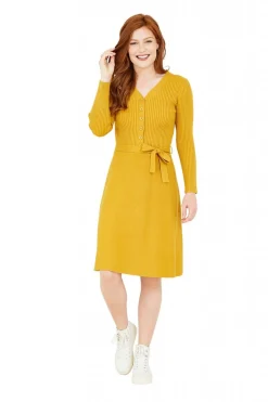 Women Yumi Mustard Knitted Skater Dress