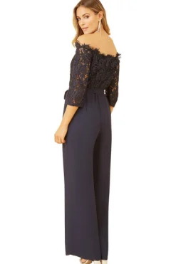 Women Yumi Navy Lace Bardot 3/4 Sleeve Jumpsuit