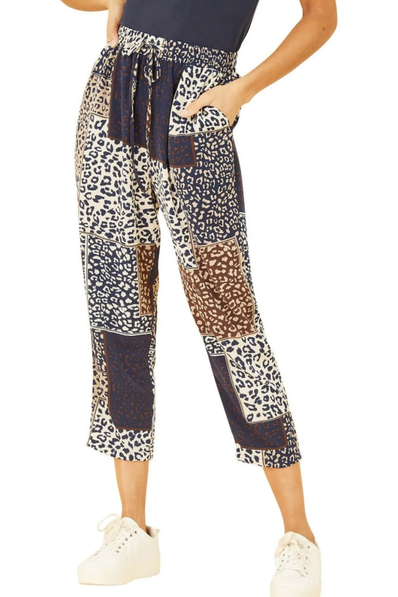 Women Yumi Navy Patchwork Animal Print Cropped Trouser