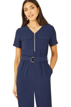Women Yumi Navy Utility Jumpsuit With Zip And Belt Detail