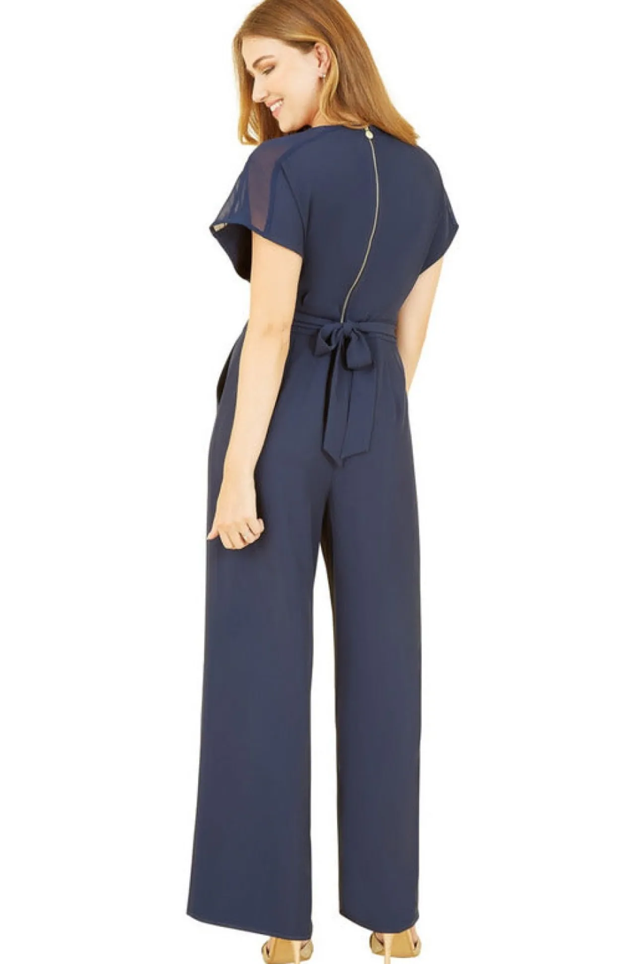 Women Yumi Navy Wrap Jumpsuit With Mesh Panel And Belt Detail