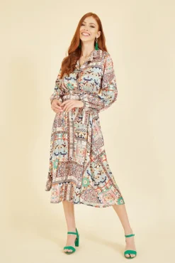 Women Yumi Patchwork Print Long Sleeve Shirt Dress