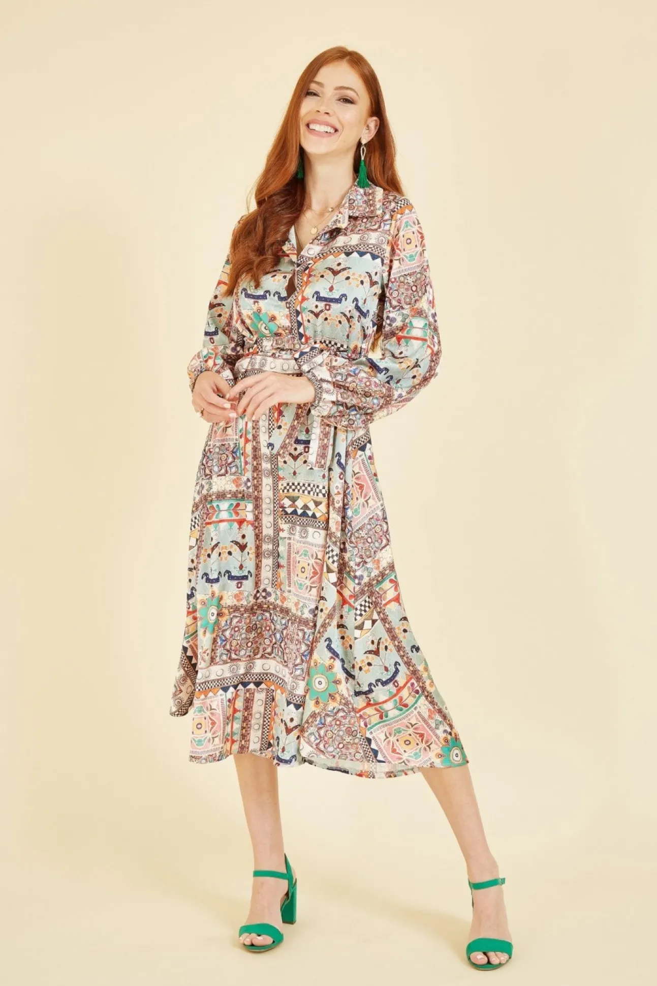Women Yumi Patchwork Print Long Sleeve Shirt Dress