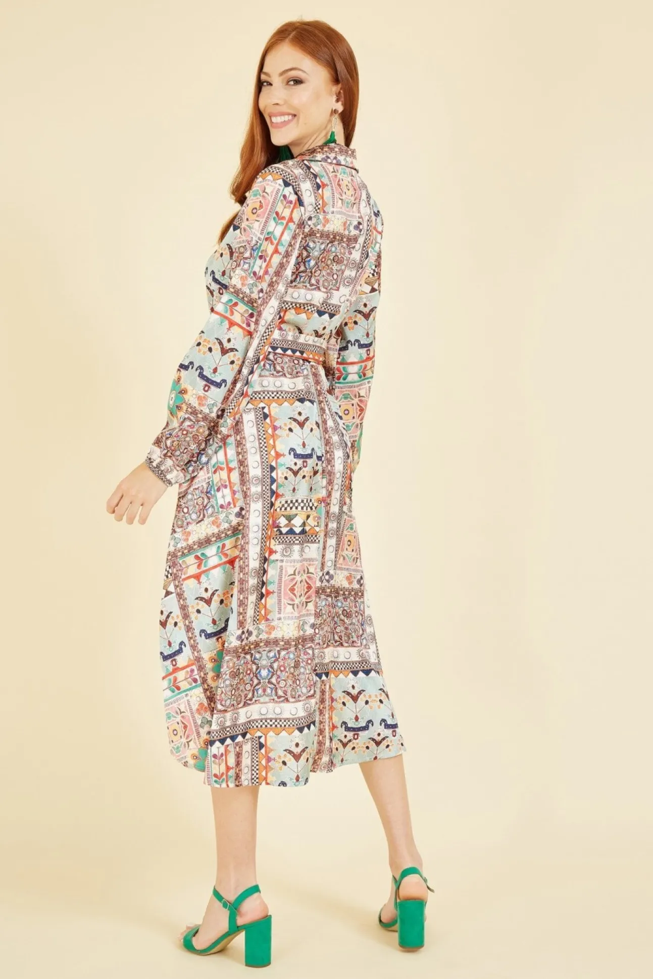 Women Yumi Patchwork Print Long Sleeve Shirt Dress