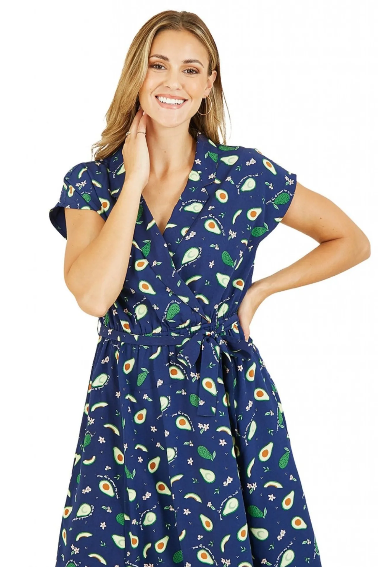 Women Yumi Recycled Avocado Print Wrap Over Dress With Pockets