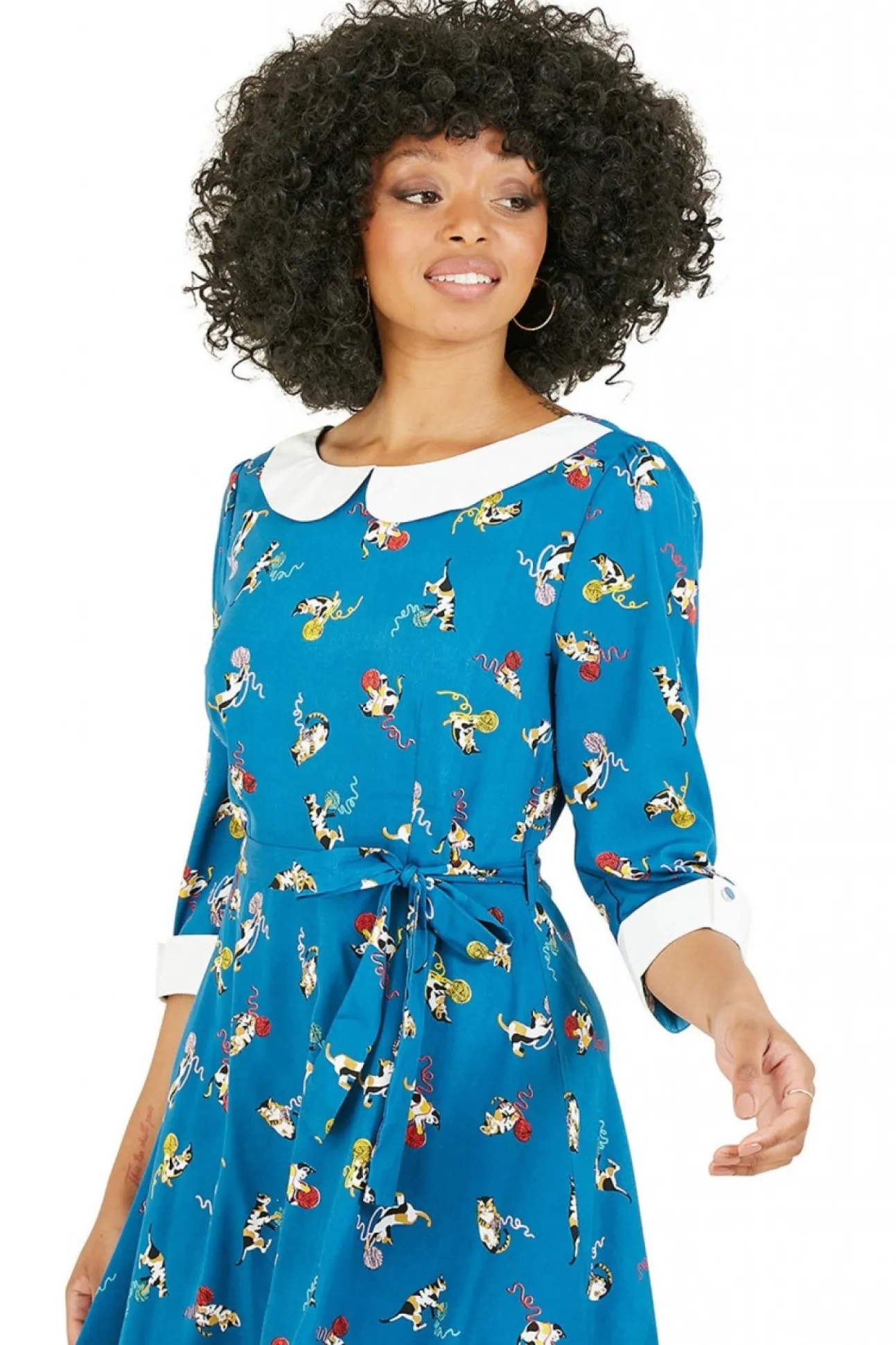 Women Yumi Recycled Teal Cat And Wool Print Skater Dress