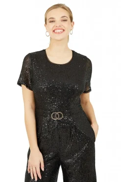 Women Yumi Sequin Jumpsuit Gold Buckle Detail Belt