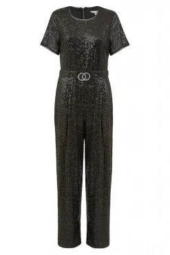 Women Yumi Sequin Jumpsuit Gold Buckle Detail Belt