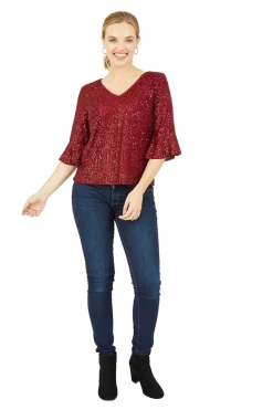 Women Yumi Sequin Top With Fluted Sleeve