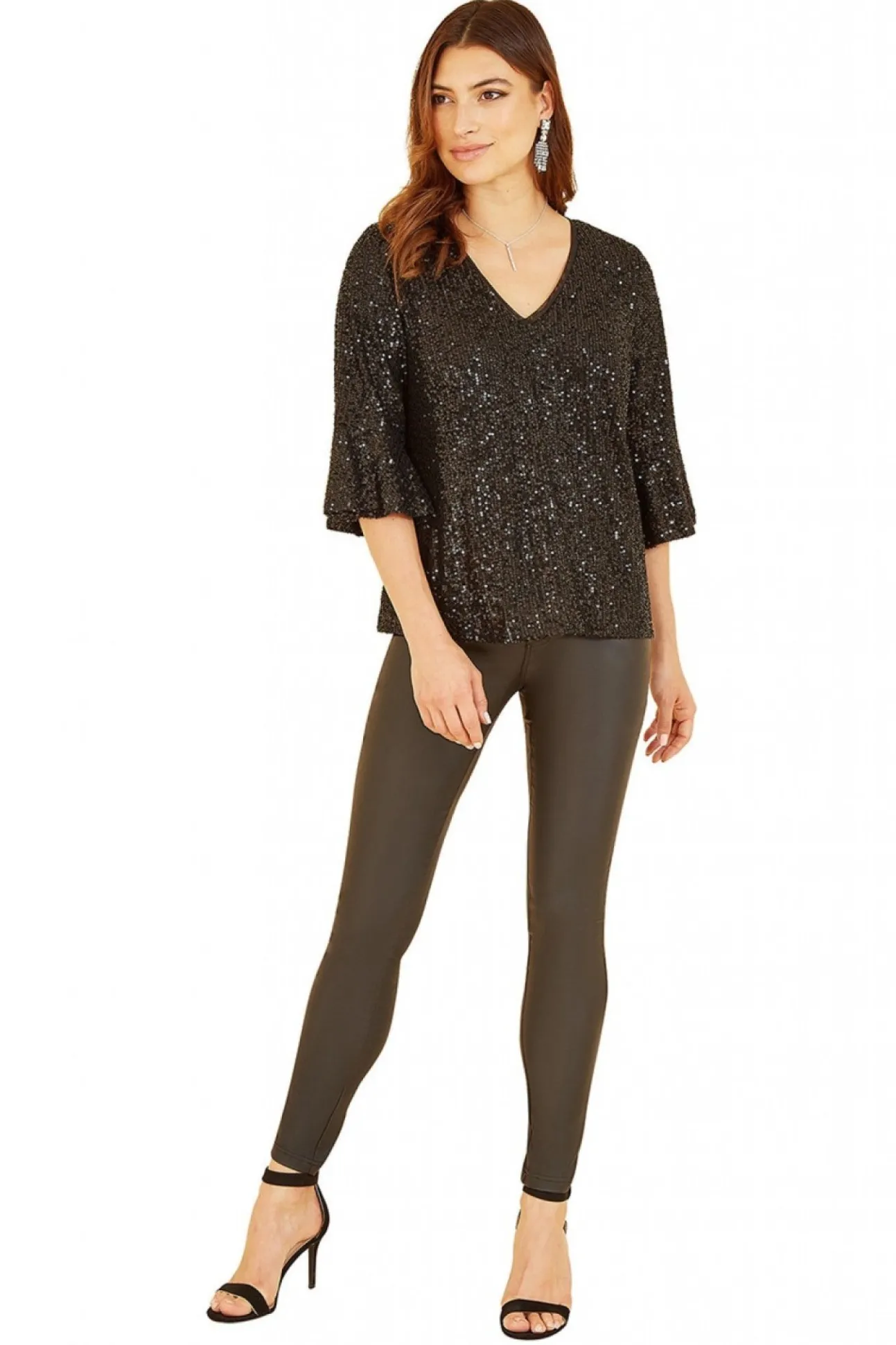 Women Yumi Sequin Top With Fluted Sleeve