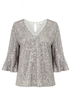 Women Yumi Sequin Top With Fluted Sleeve