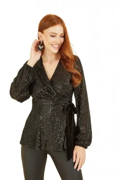 Women Yumi Sequin Wrap Top With Velvet Tie