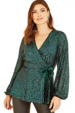 Women Yumi Sequin Wrap Top With Velvet Tie