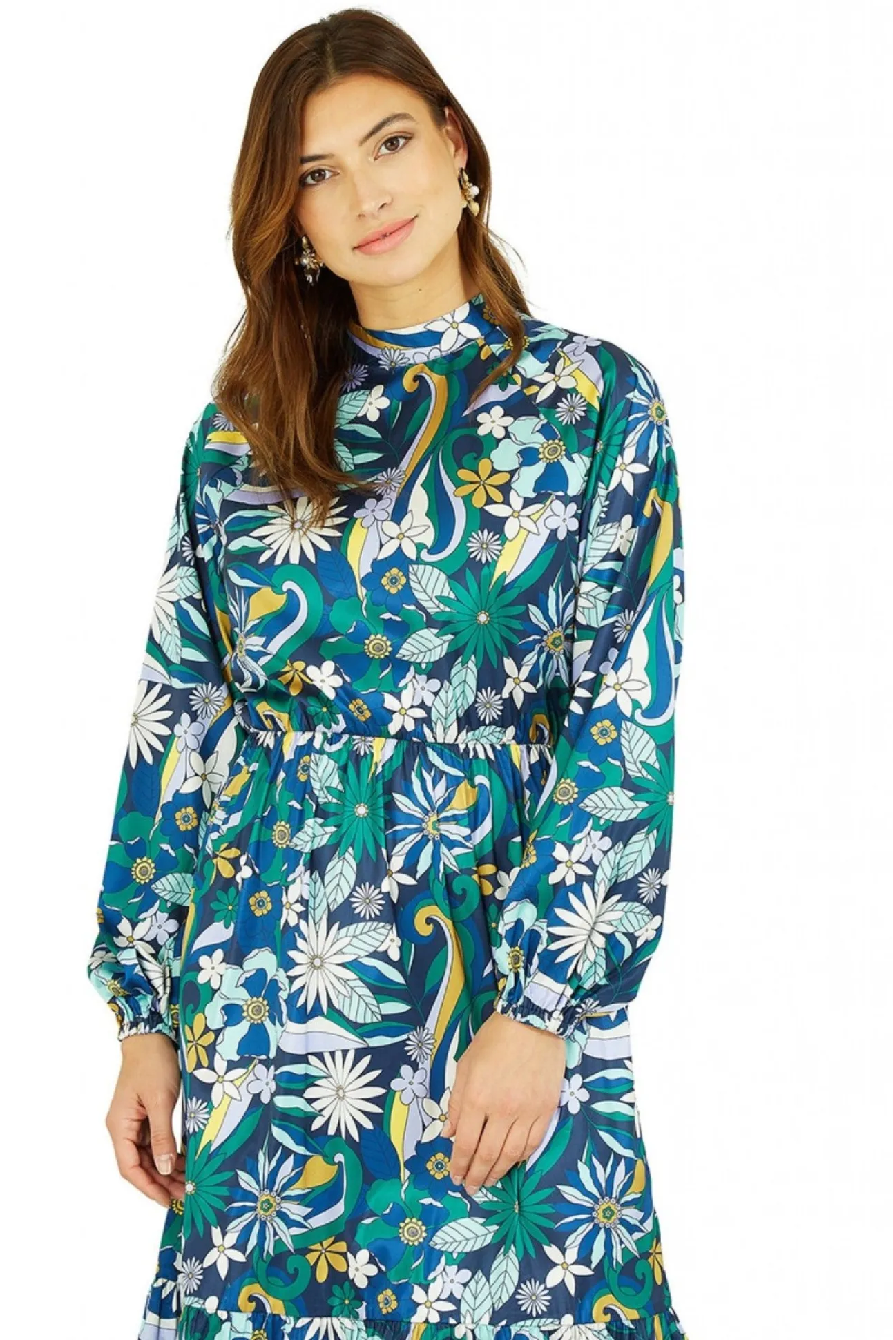 Women Yumi Seventies Floral Print High Neck Midi Dress