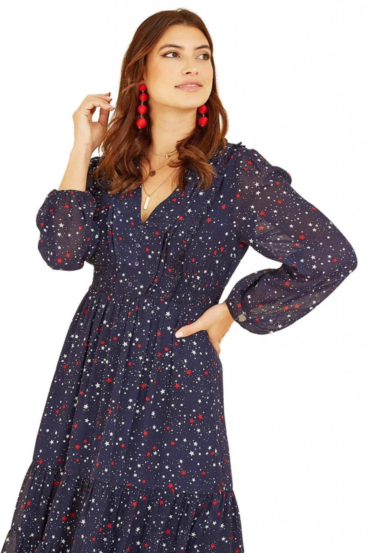 Women Yumi Star Print Long Sleeve Midi Dress