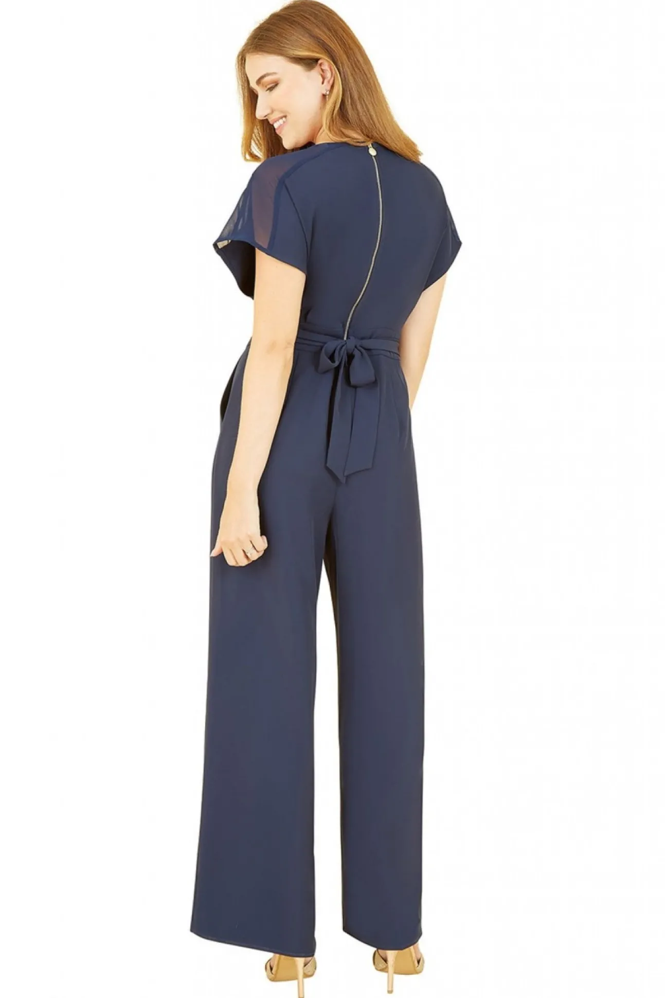 Women Yumi Wrap Jumpsuit With Mesh Panel And Belt Detail