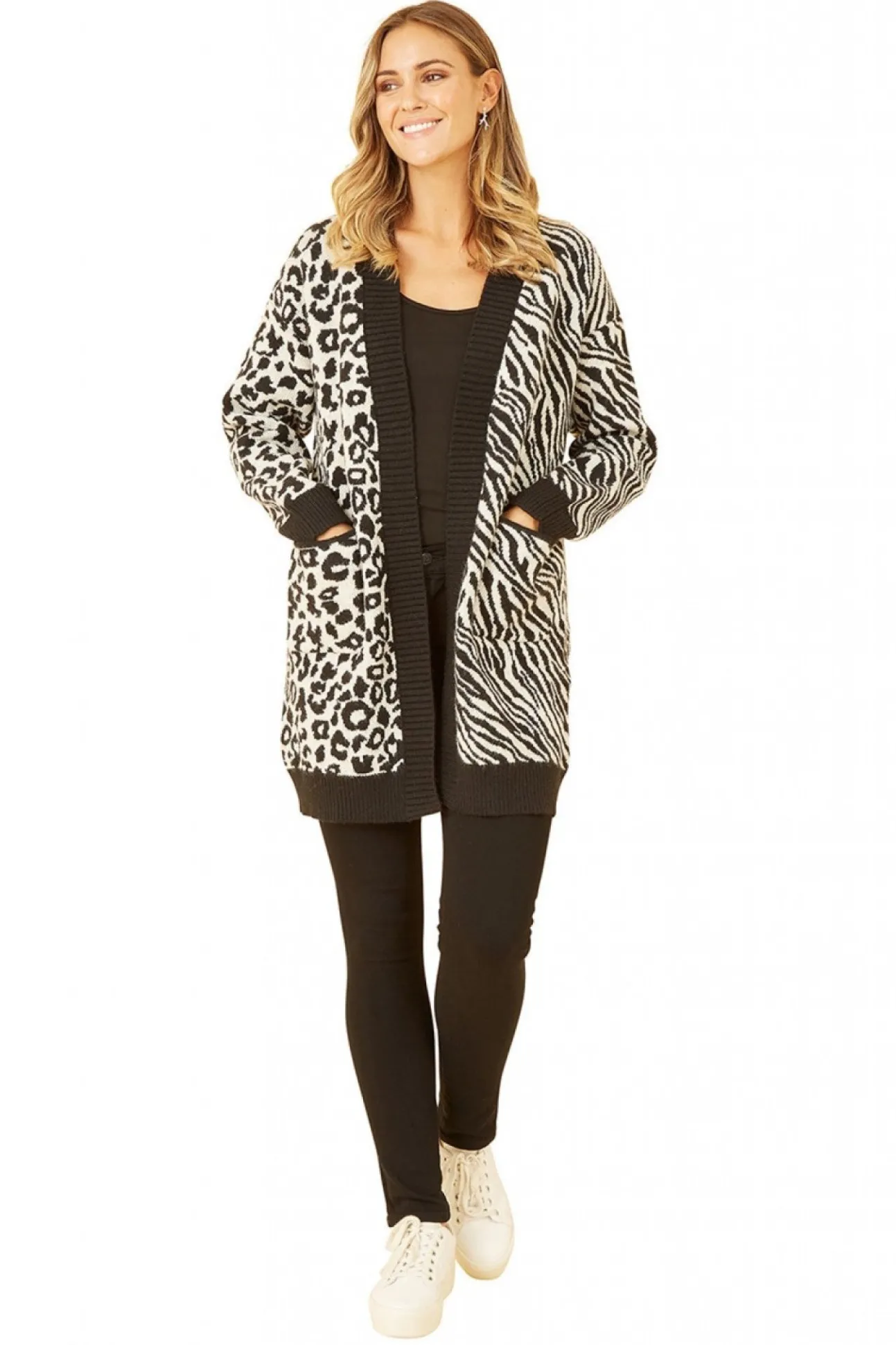Women Yumi Zebra And Leopard Print Knitted Intarsia Cardigan
