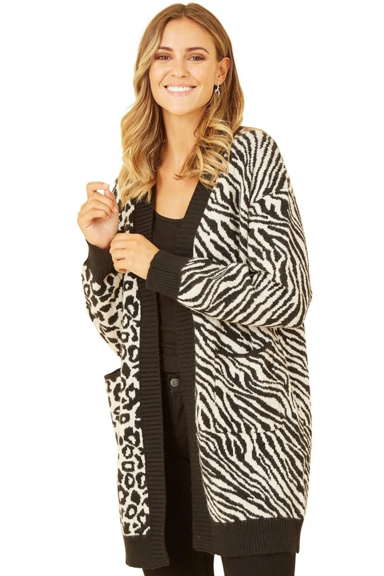 Women Yumi Zebra And Leopard Print Knitted Intarsia Cardigan